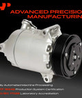 Top Shelf Air Conditioning AC Compressor With Clutch For Buick Lacrosse And Regal Featuring CVC Design PAG46 Fluid And Seven Groove Pulley detail, silver finish, side view.