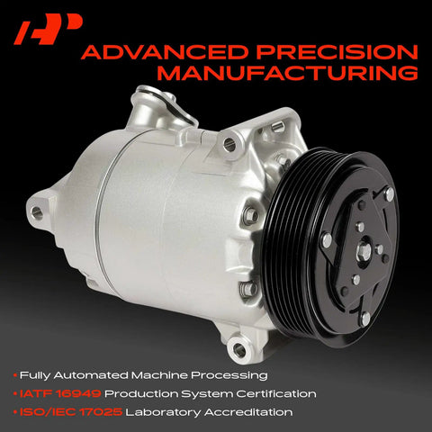 Top Shelf Air Conditioning AC Compressor With Clutch For Buick Lacrosse And Regal Featuring CVC Design PAG46 Fluid And Seven Groove Pulley detail, silver finish, side view.