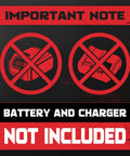 Image showing a warning that states battery and charger not included for Rivet Gun For Milwaukee 18V Battery - Cordless Riveting Tool.