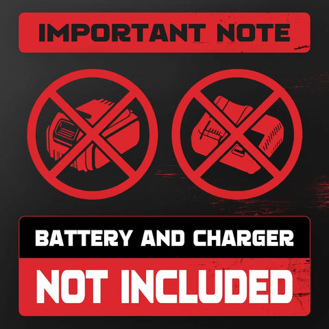Important note graphic stating battery and charger not included for Professional Flathead Angle Grinder Built Ridiculously Tough Works Slick On Tight Spaces Delivers Serious Kickass Grinding Power And Smooth Anti Vibration Safety With Your Milwaukee 18V Battery Tool Not Included.