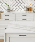 10 Pack Matte Black Cabinet Handles 4 Inch Center To Center, 6-3/8 Inch Overall Length, installed on white kitchen cabinets