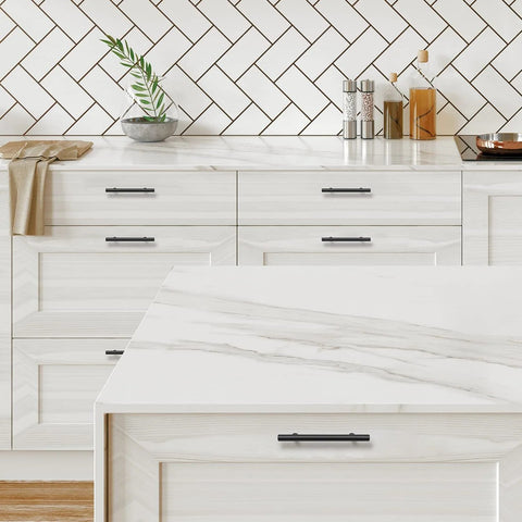 10 Pack Matte Black Cabinet Handles 4 Inch Center To Center, 6-3/8 Inch Overall Length, installed on white kitchen cabinets