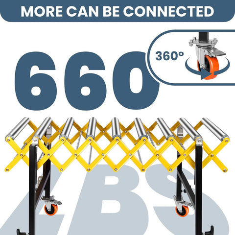 Boss Level Heavy Duty Portable Rolling Conveyor Table 660 Lb Load Capacity with smooth casters shown in expanded form.