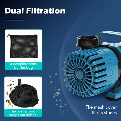 1800 GPH Submersible Pond Pump With 14 Ft Lift And 180 Degree Rotatable Outlet showing dual filtration with barrier bag