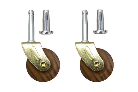Brown Wood Wheel Stem Casters Set Of Two With Friction Mount For Lightweight Furniture, shown side by side, with metal stems.