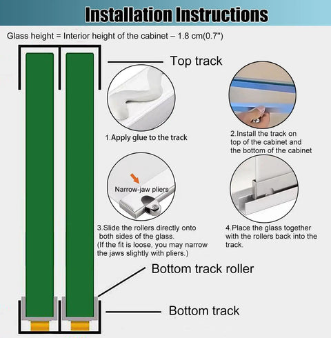 Installation instructions for Double Display Case Sliding Door Track With Rollers Aluminum Rail System. Top and bottom tracks.