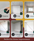 Tough 2IN1 Green Laser Tape Measure 262FT Digital Distance Meter in action measuring distance, area, and volume on walls.
