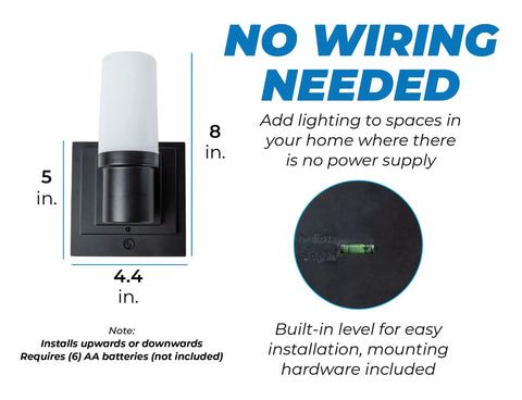 Diagram of Two Pack Battery Operated Wall Sconces With Remote Easy No Wire Install, showing product dimensions and installation details.