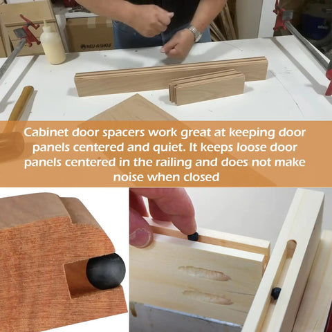 500 Pack Cabinet Door Spacers Rubber Bumper Balls For Raised Panel Grooves Quarter Inch Gap Adjusters shown in use on wooden panels.