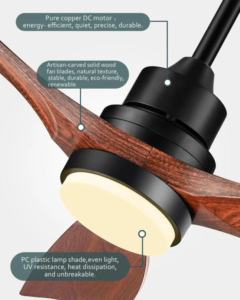 Close-up of 52 Inch Walnut Outdoor Ceiling Fan with Light and Remote showcasing motor detail and wooden blades.
