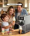 Heavy Duty Commercial Ice Cream Machine in use, family enjoying ice cream cones, sleek stainless steel design, ideal for cafes.