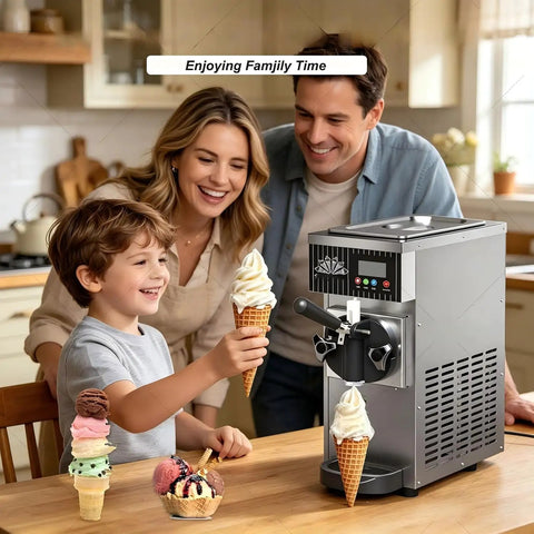 Heavy Duty Commercial Ice Cream Machine in use, family enjoying ice cream cones, sleek stainless steel design, ideal for cafes.