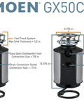Powerful 1/2 HP Continuous-Feed Garbage Disposal With Sound Reduction, 2600 RPM Vortex Motor, diagram showing dimensions