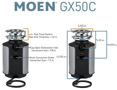 Powerful 1/2 HP Continuous-Feed Garbage Disposal With Sound Reduction, 2600 RPM Vortex Motor, diagram showing dimensions