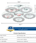 Crystal Flush Mount Ceiling Light With Remote Control, Dimmable LED Chandelier With 5 Ring Design, dimensions displayed