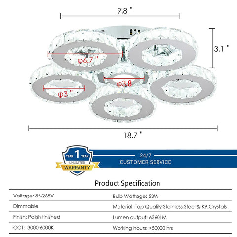 Crystal Flush Mount Ceiling Light With Remote Control, Dimmable LED Chandelier With 5 Ring Design, dimensions displayed