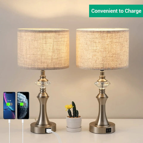 Bedside Table Lamp With Two USB Ports And Three Way Dimmable Touch Control, Crystal Accent Table Lamp With Fabric Shade, 19.3 x 9.8 in