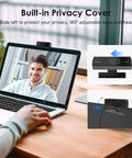 1080P HD Webcam With Built In Dual Mics And Noise Canceling Privacy Cover, 75 Degree FoV, Plug And Play USB Web Camera For PCs Laptops Desktops Macs. Adjustable 180° privacy cover shown.