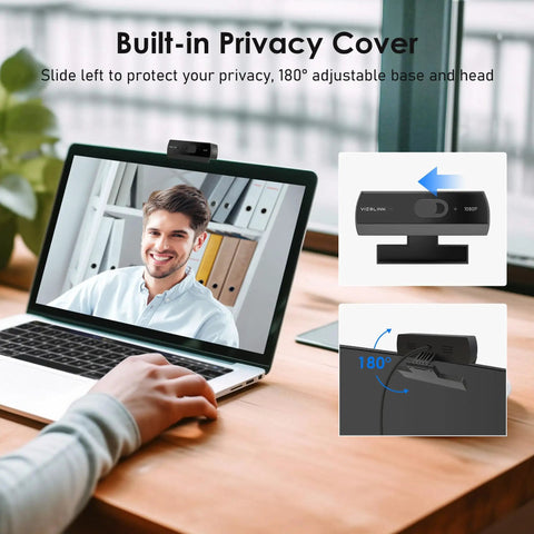 1080P HD Webcam With Built In Dual Mics And Noise Canceling Privacy Cover, 75 Degree FoV, Plug And Play USB Web Camera For PCs Laptops Desktops Macs. Adjustable 180° privacy cover shown.