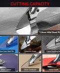 Cutting capacity of Beefy Cordless Metal Shears With 20V 2x2000mAh Batteries showing cutting through various materials