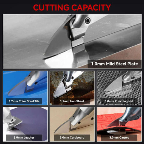 Cutting capacity of Beefy Cordless Metal Shears With 20V 2x2000mAh Batteries showing cutting through various materials