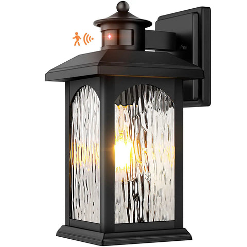 Black motion sensor outdoor wall lantern with dusk to dawn sensor, water rippled glass sconces for porch and entryway.