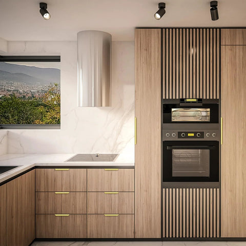 Modern kitchen with Gold Finger Edge Pulls for cabinets 10 pack, 150mm length, 128mm center to center, smooth edges on wood finish