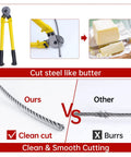 Heavy Duty 18 Inch Hardened Cable Cutter With Chromium Vanadium Steel Blades cutting steel like butter, comparing smooth and burr cuts
