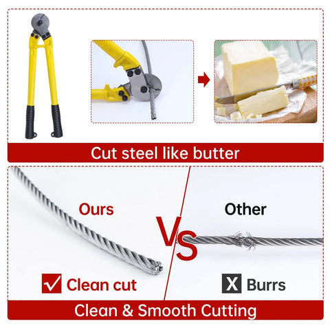 Heavy Duty 18 Inch Hardened Cable Cutter With Chromium Vanadium Steel Blades cutting steel like butter, comparing smooth and burr cuts