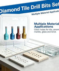 Premium 4 Piece Diamond Tile Drill Bit Set With Vacuum Brazed Tips In 6mm To 12mm Sizes Fits M14 Angle Grinder, shown with drilled tile samples
