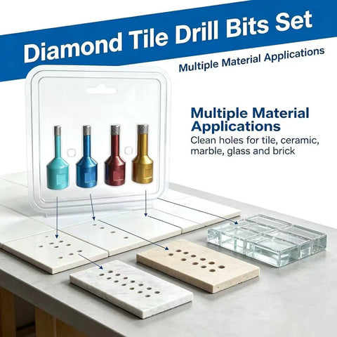 Premium 4 Piece Diamond Tile Drill Bit Set With Vacuum Brazed Tips In 6mm To 12mm Sizes Fits M14 Angle Grinder, shown with drilled tile samples