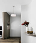 Drum Pendant Light With Brushed Nickel Trim And Linen Shade 14 Inch LED Fixture in modern living room setting