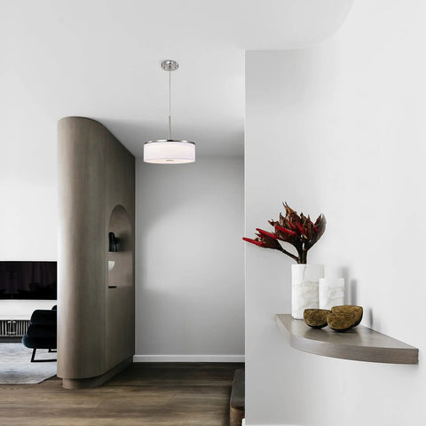 Drum Pendant Light With Brushed Nickel Trim And Linen Shade 14 Inch LED Fixture in modern living room setting