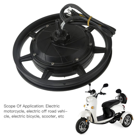 Beefy 14 Inch Wheel Hub Motor 36V To 72V 2000W To 3500W with Disc Brake for electric scooter and motorcycle upgrades, shown with bike.