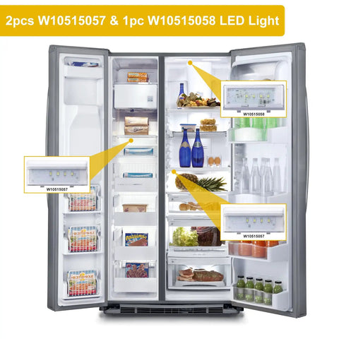 Open refrigerator with installed Must Have Three Pack Refrigerator LED Light Set With Tapered Lens And Bezel For Whirlpool Kenmore Maytag And KitchenAid