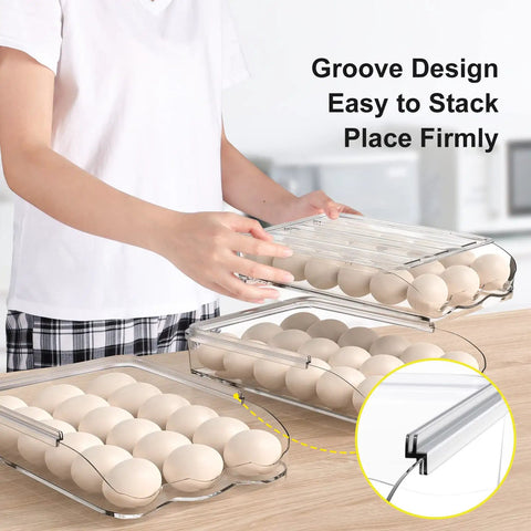 Auto Rolling 18 Egg Storage Container For Refrigerator With Lid Fridge Egg Organizer Bin 1 Layer Design Easy Access Via Large Opening being stacked.