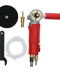 4 Inch Pneumatic Wet Stone Polisher Sander With Water Nozzle And 4300 RPM, 3 Speed Wet Grinding Tool For Granite Marble Ceramics Polishing, 1/4 Inch Air Inlet, Red, shown with accessories including pad, wrench, and hose.