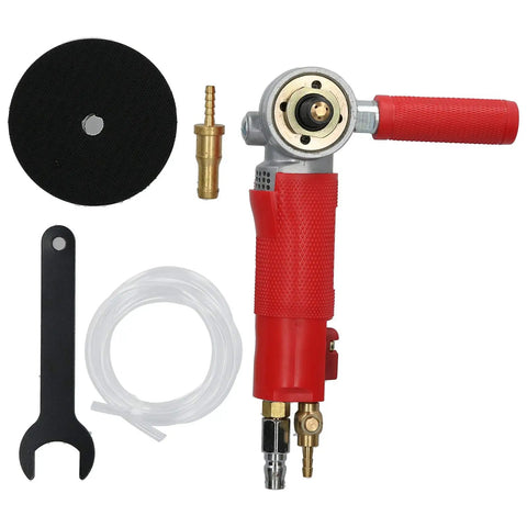 4 Inch Pneumatic Wet Stone Polisher Sander With Water Nozzle And 4300 RPM, 3 Speed Wet Grinding Tool For Granite Marble Ceramics Polishing, 1/4 Inch Air Inlet, Red, shown with accessories including pad, wrench, and hose.