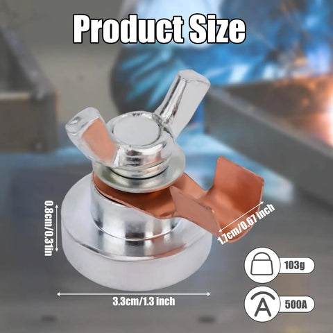 Close-up of Heavy Duty Welding Magnetic Grounding Clamp with Ultra Strong Magnet showing size dimensions and copper terminals.