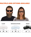 Various Skullerz Odin Safety Glasses Matte Black With Anti Fog Smoke Lens Fog Off Treatment options displayed, including clear, indoor/outdoor, smoke lenses.