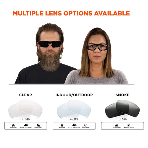 Various Skullerz Odin Safety Glasses Matte Black With Anti Fog Smoke Lens Fog Off Treatment options displayed, including clear, indoor/outdoor, smoke lenses.