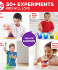 Hands On Science Kit For Kids Aged 4 To 8 With 50 Plus Experiments showing children creating volcanoes, walking water, oobleck, and fireworks.