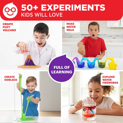 Hands On Science Kit For Kids Aged 4 To 8 With 50 Plus Experiments showing children creating volcanoes, walking water, oobleck, and fireworks.