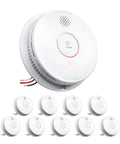 10 Pack Photoelectric Smoke Detectors Hardwired And Interconnected With 9V Battery Backup showing top and front view, white color with test button.
