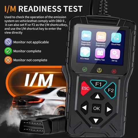 2-In-1 OBD2 Scanner For Cars And Motorcycles With Live Data, Engine Fault Code Reader displaying I/M readiness test