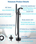 Dual Function Freestanding Tub Filler Faucet In Oil Rubbed Bronze With Waterfall Flow, Dope High-Flow Spout, Hand Shower, And Mixer Taps.