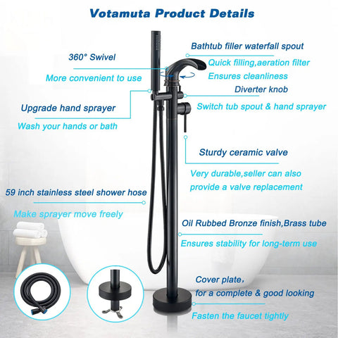 Dual Function Freestanding Tub Filler Faucet In Oil Rubbed Bronze With Waterfall Flow, Dope High-Flow Spout, Hand Shower, And Mixer Taps.