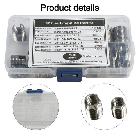 50 Piece Stainless Steel Self Tapping Thread Inserts Kit For Plastic And Metal Repair With Elastic Shock Resistant Coil And Wire Thread Reinforcement DIY Friendly in storage box