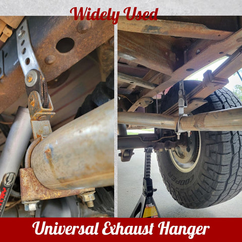 Two Pack Swivel Style Exhaust Hangers in use securing muffler pipe, showing open-end design for universal car fitting