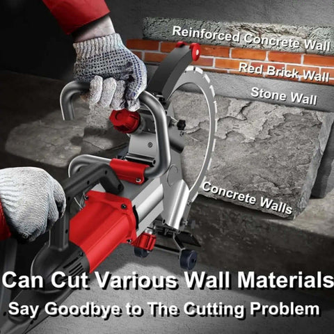 Heavy Duty Ring Power Cutter Saw With 9500W Brushless Motor And Integrated Water Pump For Smooth Concrete Brick Wall Cutting Up To 10 Point 6 Inch Deep Straight Up Powerhouse cutting through various wall materials.